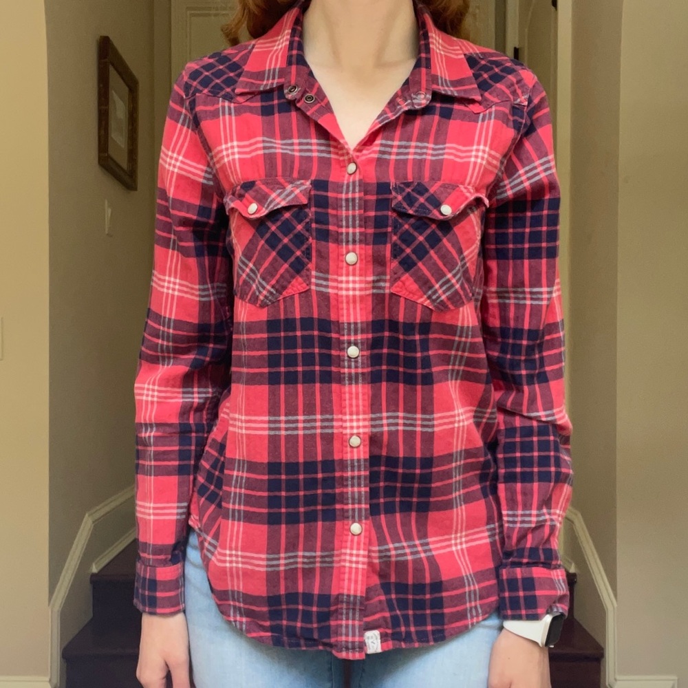 American Eagle Button Down Red/Blue Flannel Shirt
